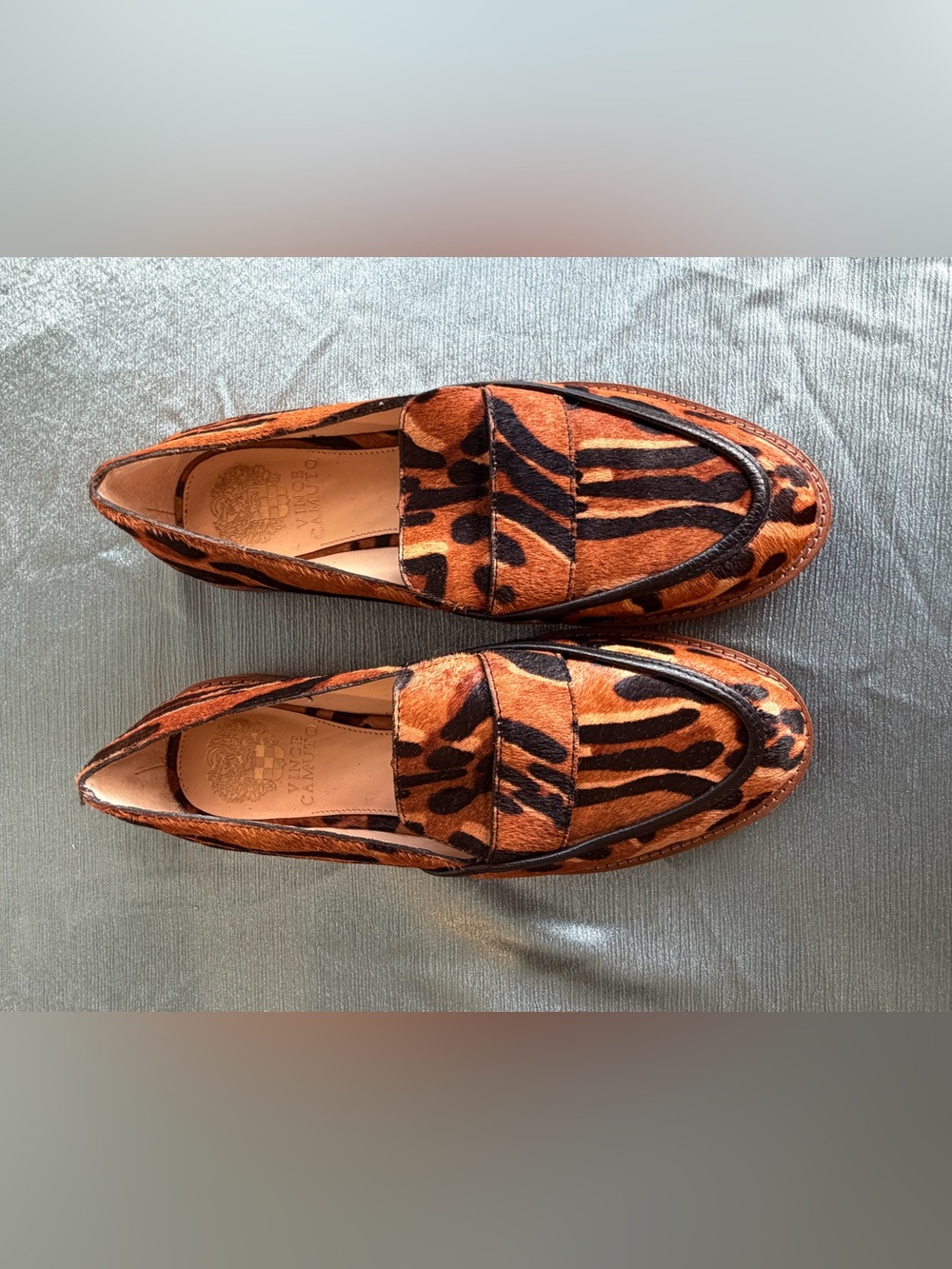 Vince Camuto Orange and Black Tiger-Print Penny Loafers